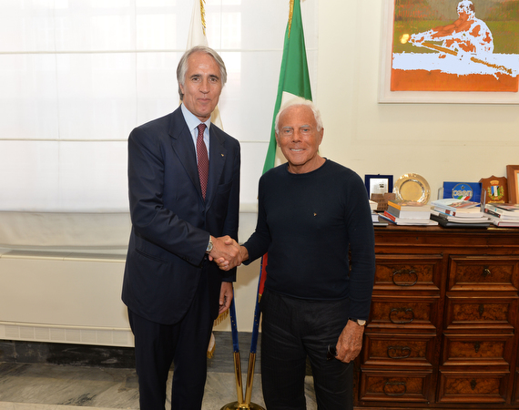 CONI: Giorgio Armani stregato dalle bellezze del Parco del Foro Italico e di Palazzo H. "Atmosfera meravigliosa". Malagò: "Fieri di unire l'eccellenza dello sport con quella dello stile italiano"